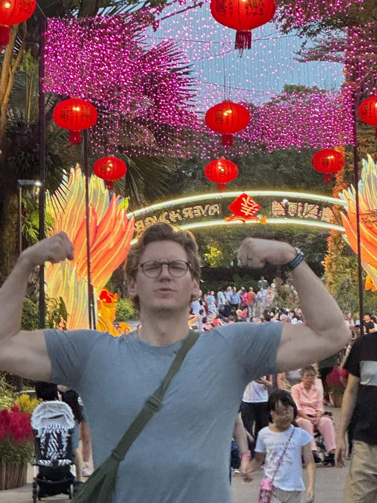 Ryker flexing at the Chinese New Year festival arch