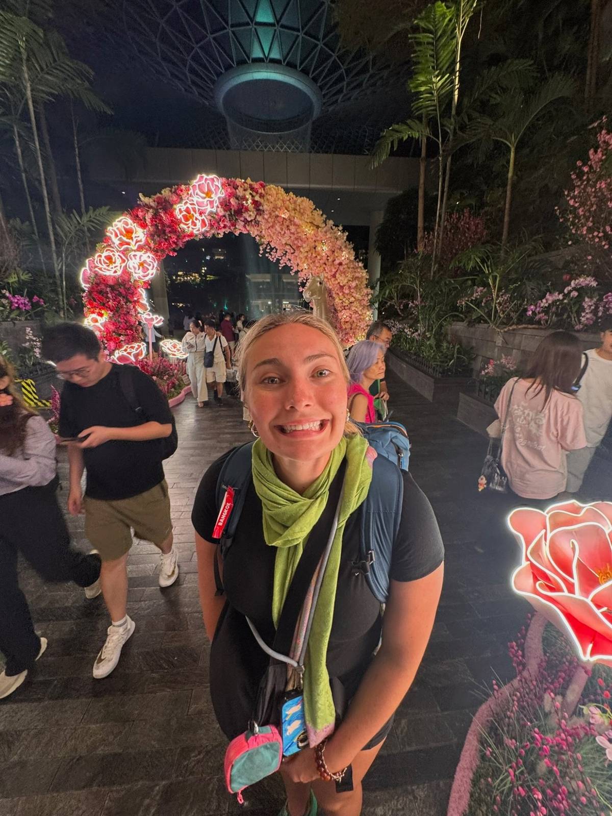 Meg at the Changi Jewel flower arch
