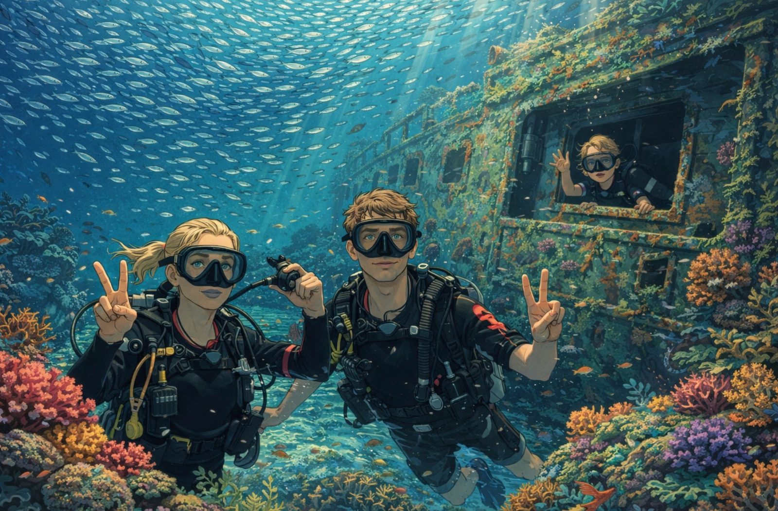 Illustrated scene of two divers giving peace signs in front of a coral-covered WWII shipwreck, with Miles waving from a porthole