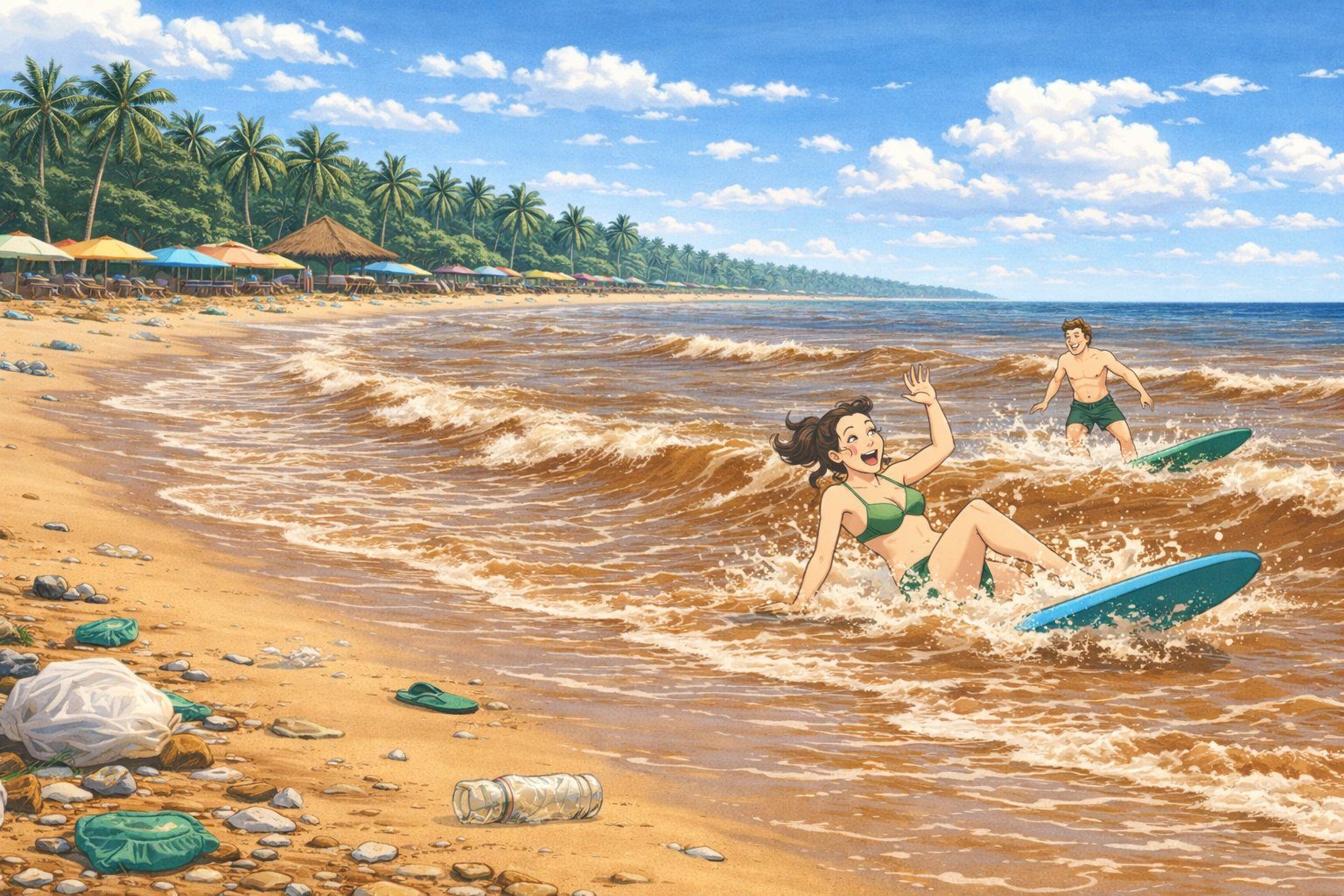 Illustrated scene of Meg wiping out in brown trashy Bali surf while Ryker rides behind her — trash scattered on the beach