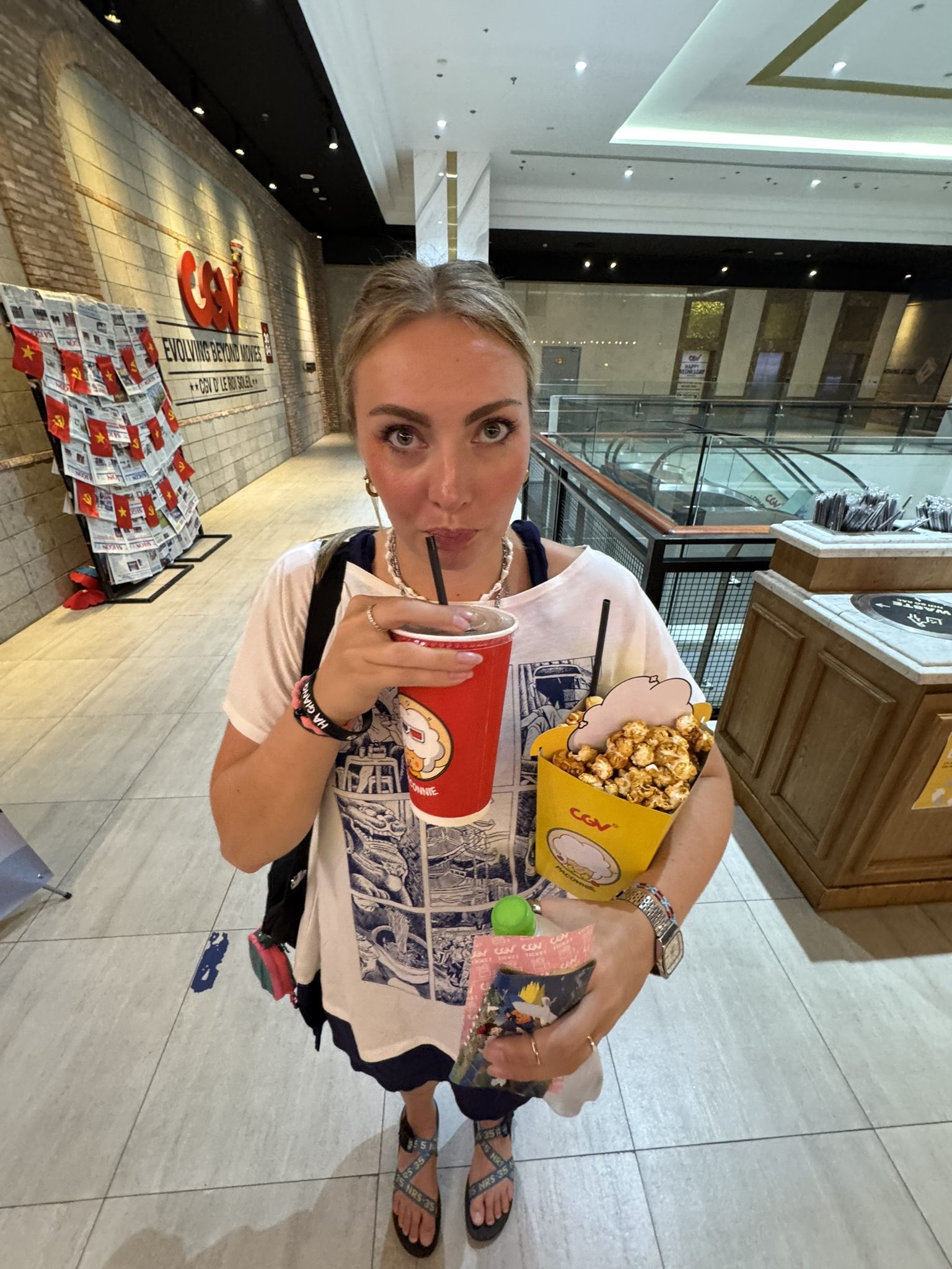 Meg at the CGV cinema in Hanoi loaded up with popcorn