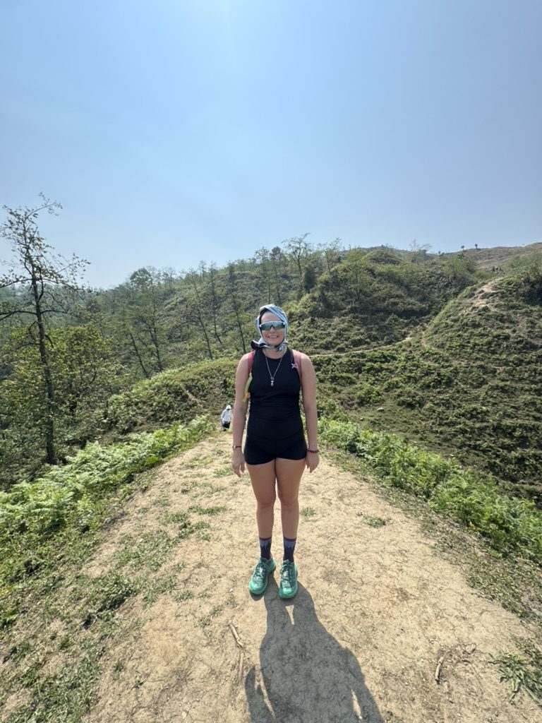 Meg on the Sapa Sisters ridge trail with her scarf sun cover