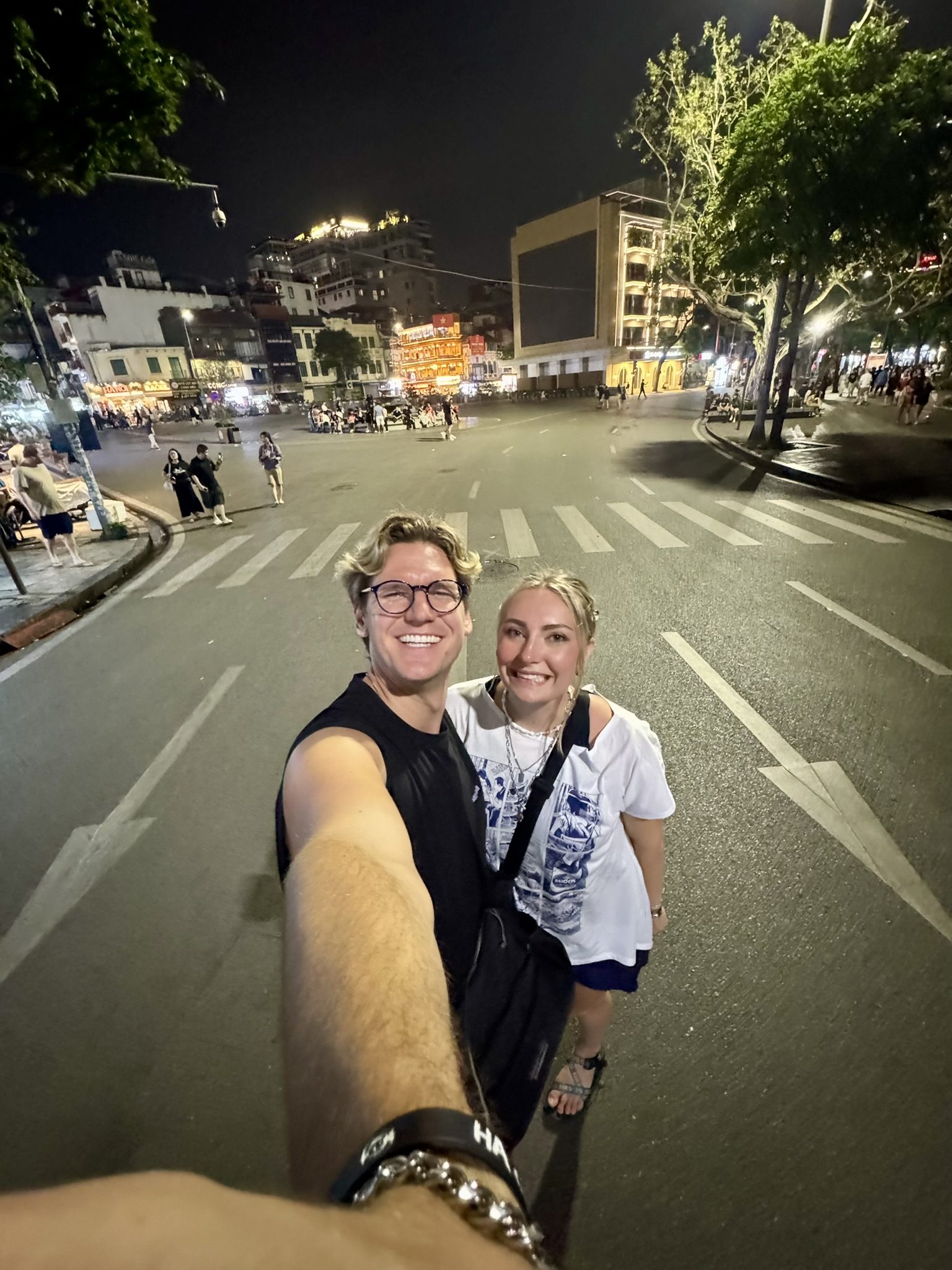 Ryker and Meg on the empty Hanoi streets at night