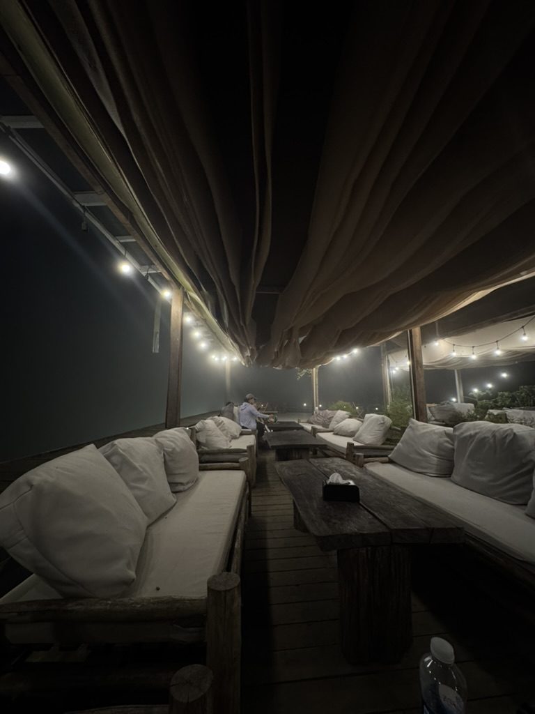 Sapa hotel lounge on a foggy night