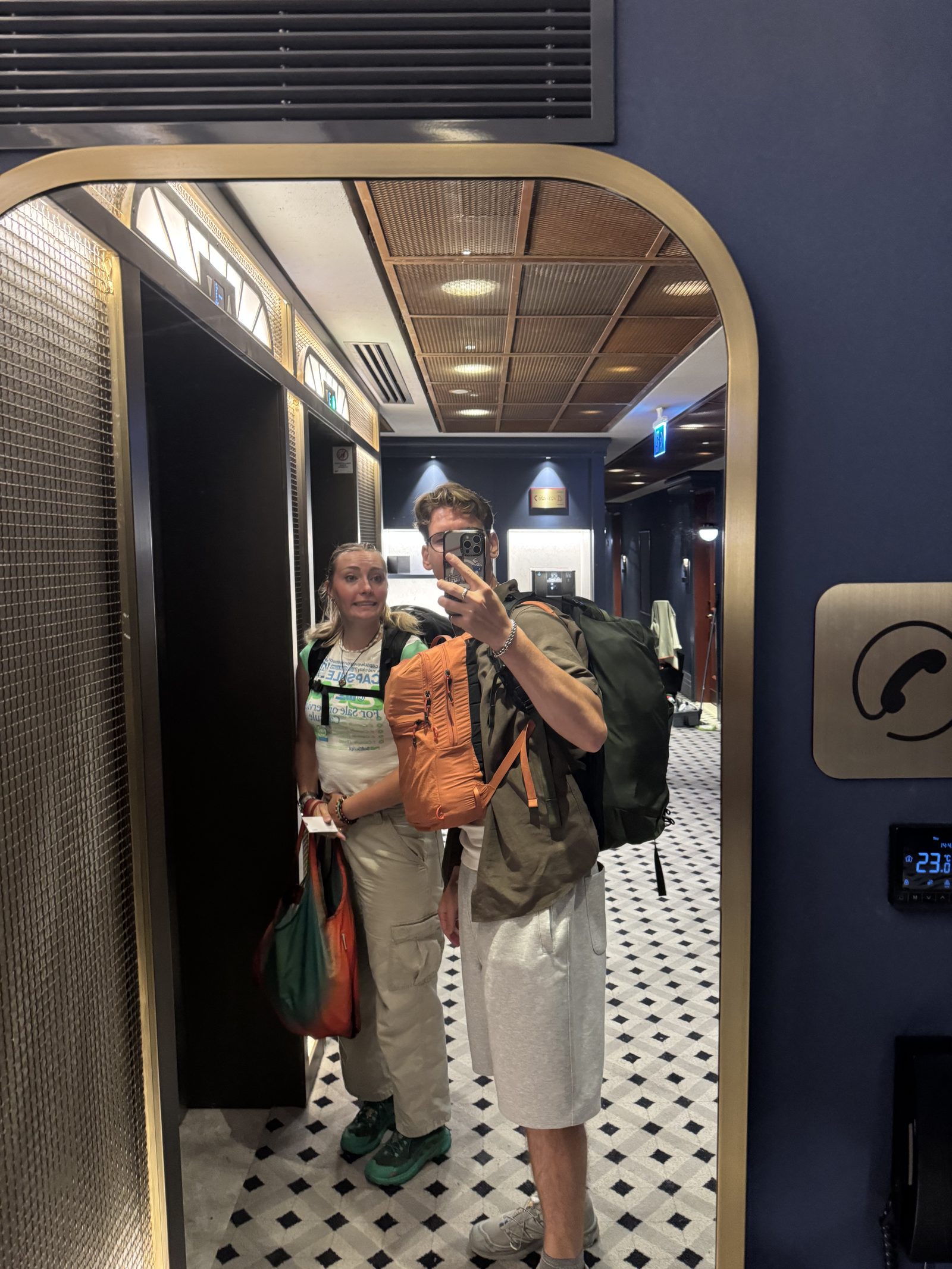 Boarding through the jet bridge with backpacks