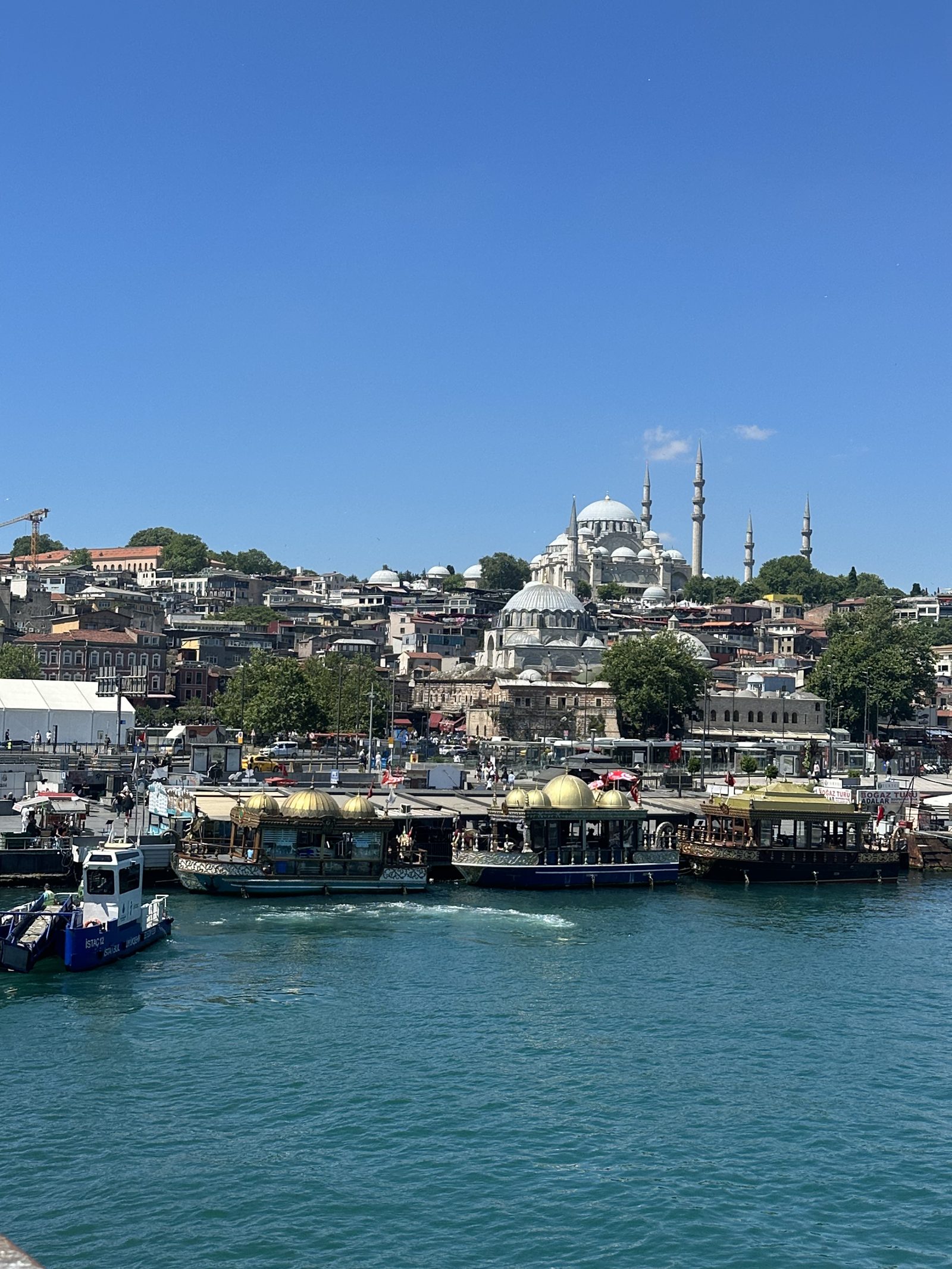 View across the water toward a mosque and the old city