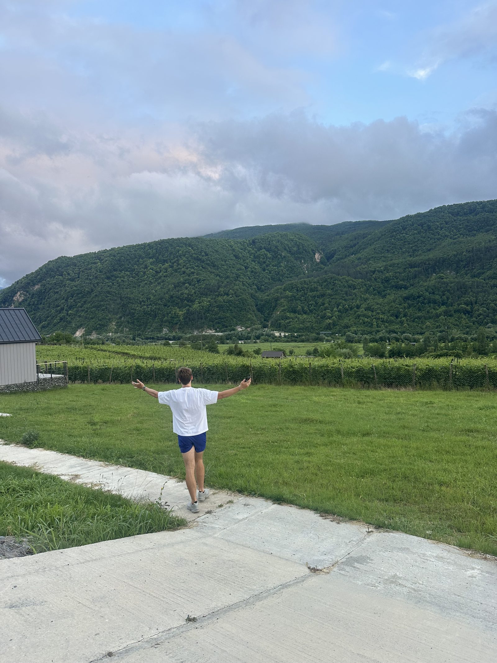 Standing on a deck facing green fields and mountains
