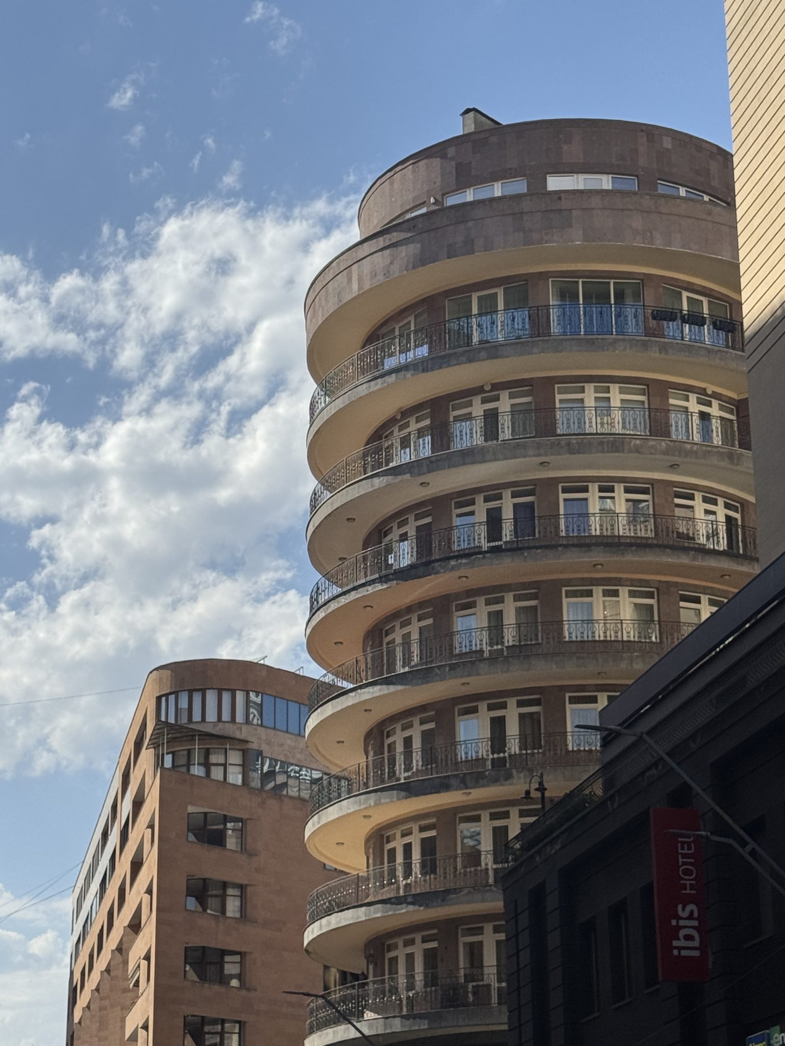 A curved modernist building in central Yerevan