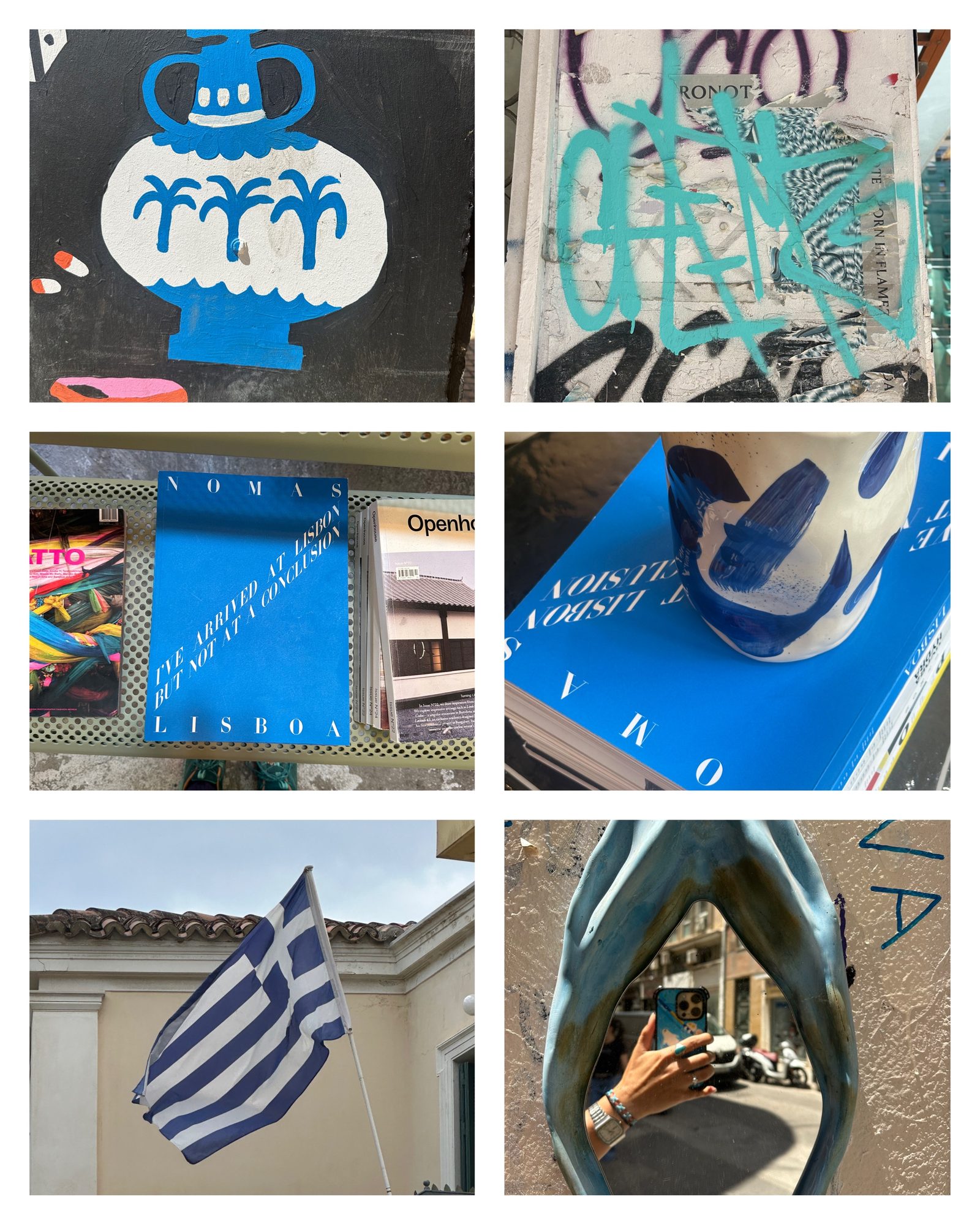 Collage of blue-toned street art and details around Athens