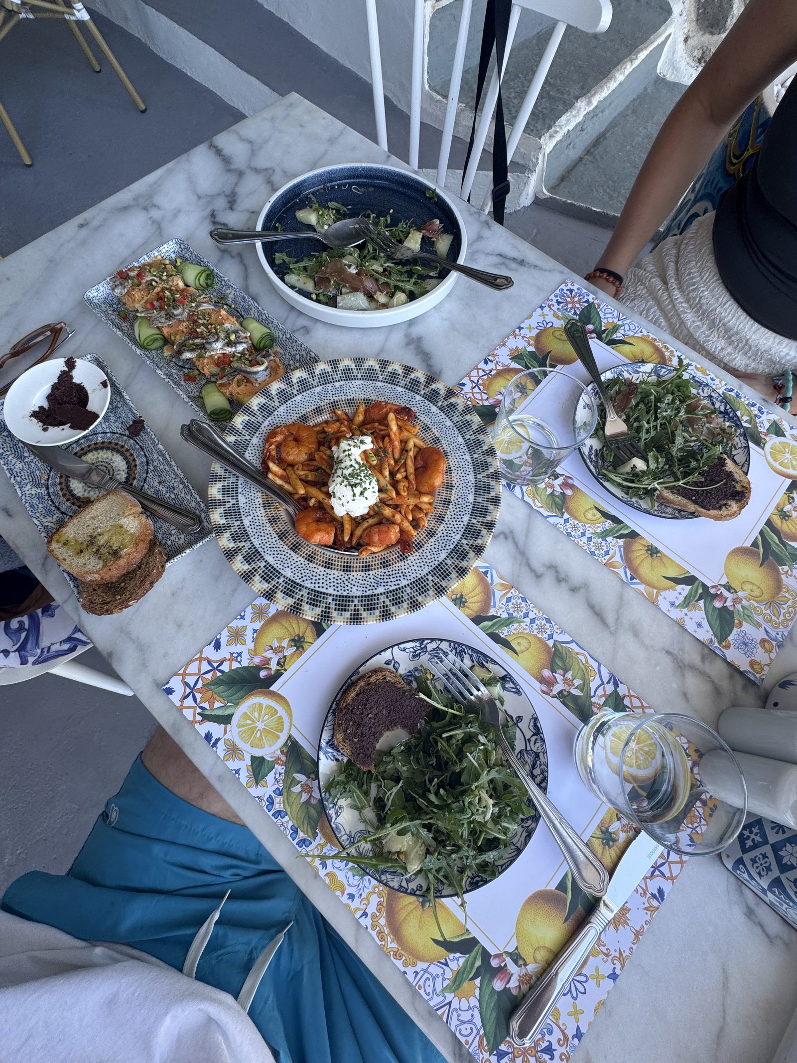 Table spread at a Greek restaurant dinner
