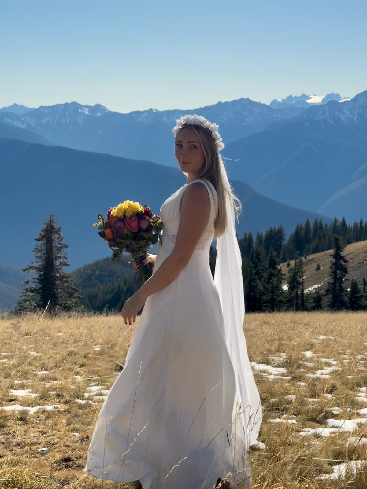 Meg with bouquet at Hurricane Ridge