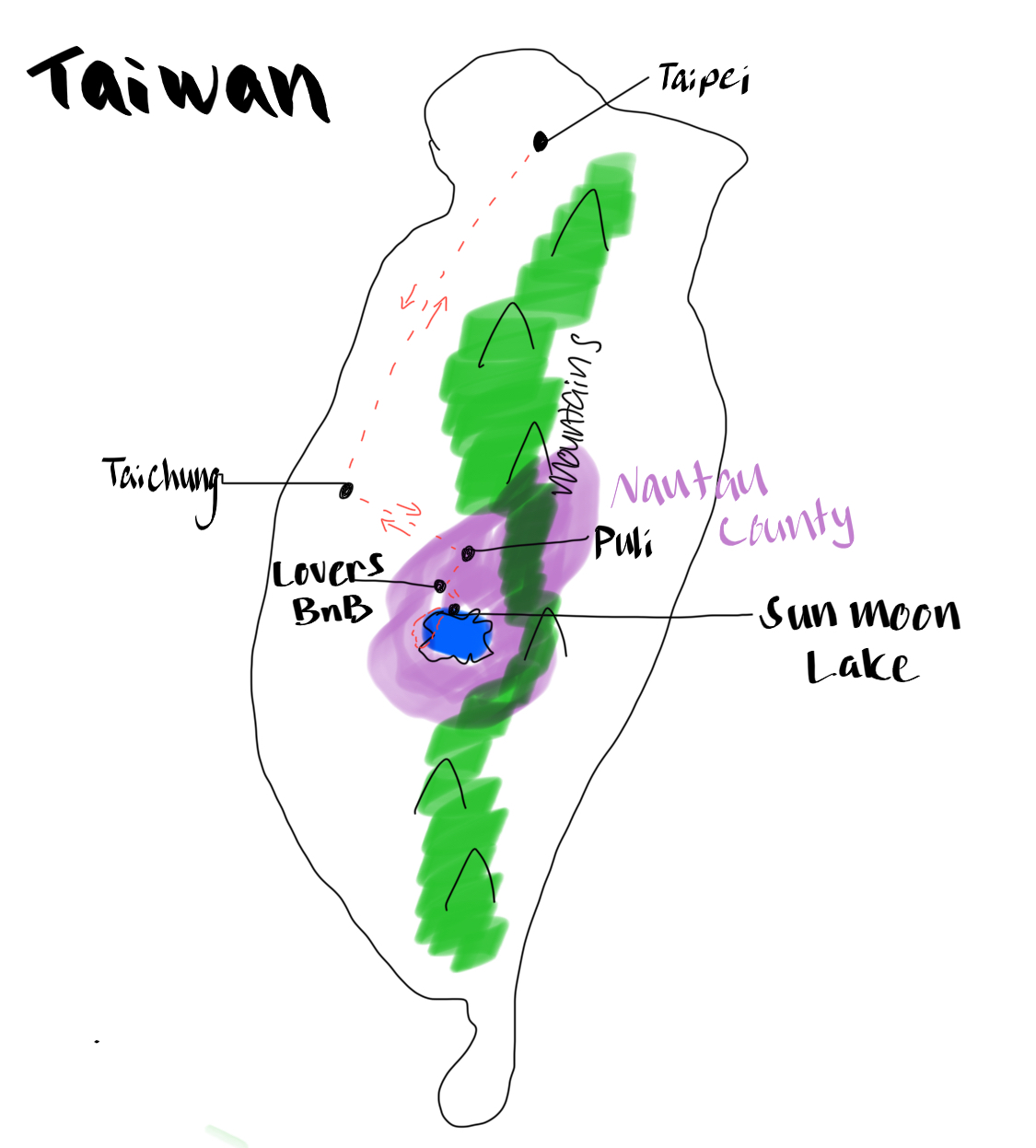 Hand-drawn map of Taiwan route